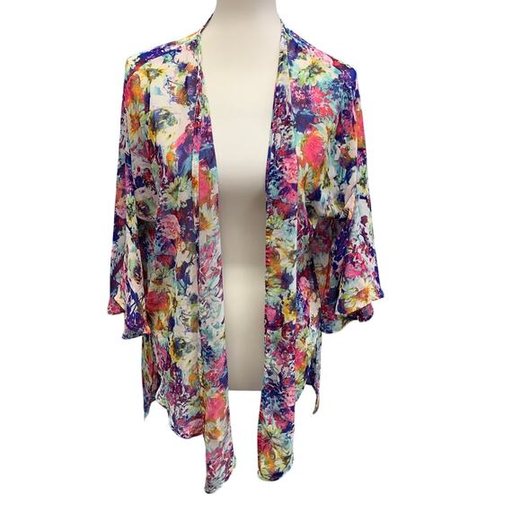 MOD Womens Medium Bright Floral Lightweight Flowy Front Tie Long Sleeve Coverup - Picture 1 of 6